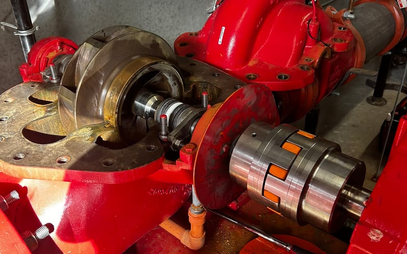 Fire pump shaft and bearings exposed during a rebuild